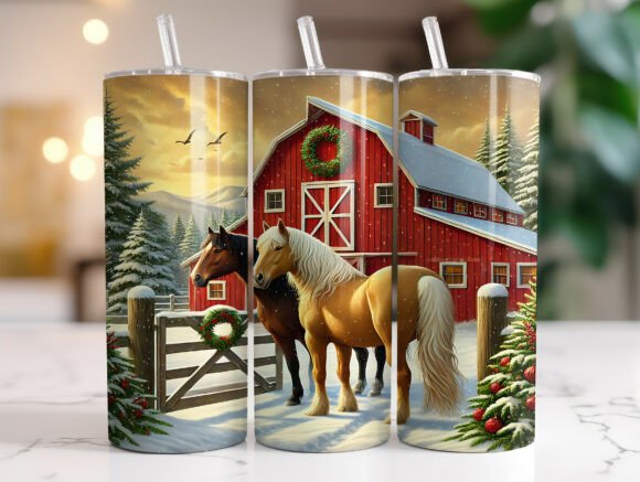 Country Horses Christmas Barn Tumbler