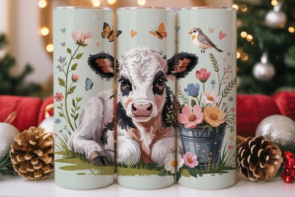 Cute Baby Cows Floral Tumbler Wraps & Graphics
